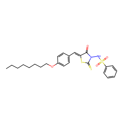 N-{(5Z)-5-[4-(octyloxy)benzylidene]-4-oxo-2-thioxo-1,3-thiazolidin-3-yl}benzenesulfonamide structure