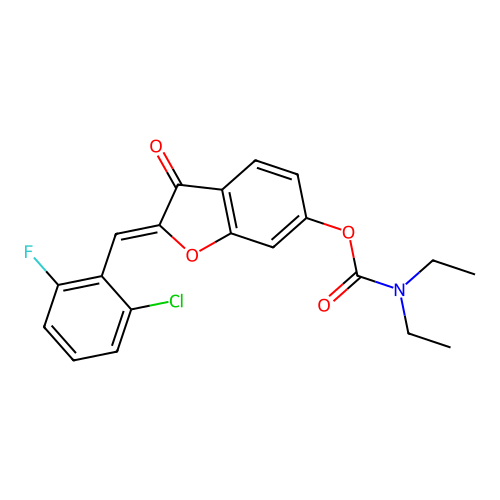 (Z)-2-(2-chloro-6-fluorobenzylidene)-3-oxo-2,3-dihydrobenzofuran-6-yl diethylcarbamate structure