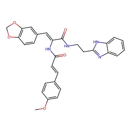 (2Z)-N-[2-(1H-benzimidazol-2-yl)ethyl]-3-(1,3-benzodioxol-5-yl)-2-{[(2E)-3-(4-methoxyphenyl)prop-2-enoyl]amino}prop-2-enamide structure