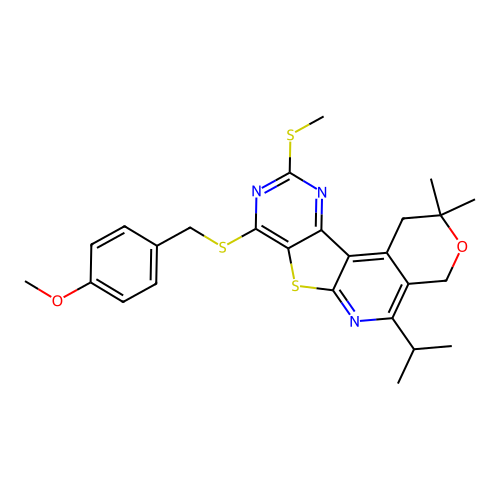 5-isopropyl-8-((4-methoxybenzyl)thio)-2,2-dimethyl-10-(methylthio)-2,4-dihydro-1H-pyrano[4'',3'':4',5']pyrido[3',2':4,5]thieno[3,2-d]pyrimidine structure