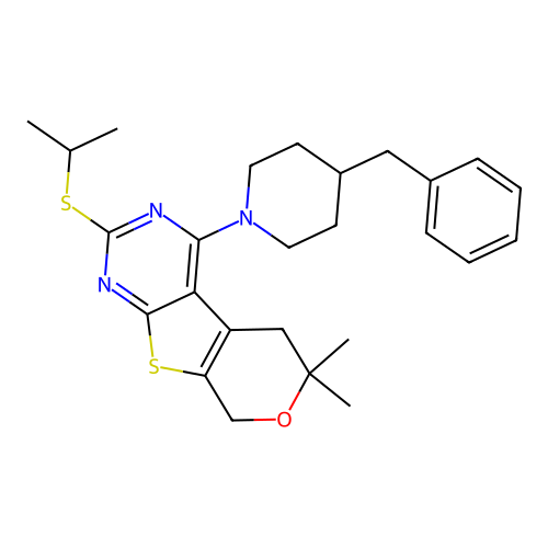 4-(4-benzylpiperidin-1-yl)-2-(isopropylthio)-6,6-dimethyl-6,8-dihydro-5H-pyrano[4',3':4,5]thieno[2,3-d]pyrimidine structure