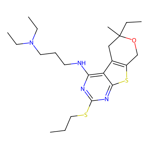 N,N-diethyl-N'-[6-ethyl-6-methyl-2-(propylsulfanyl)-5,8-dihydro-6H-pyrano[4',3':4,5]thieno[2,3-d]pyrimidin-4-yl]propane-1,3-diamine structure