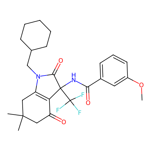 N-(1-(cyclohexylmethyl)-6,6-dimethyl-2,4-dioxo-3-(trifluoromethyl)-2,3,4,5,6,7-hexahydro-1H-indol-3-yl)-3-methoxybenzamide structure