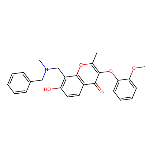 8-((benzyl(methyl)amino)methyl)-7-hydroxy-3-(2-methoxyphenoxy)-2-methyl-4H-chromen-4-one structure