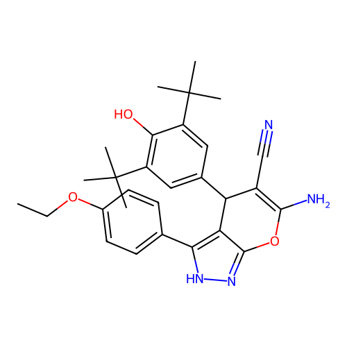 6-amino-4-(3,5-di-tert-butyl-4-hydroxyphenyl)-3-(4-ethoxyphenyl)-1,4-dihydropyrano[2,3-c]pyrazole-5-carbonitrile structure