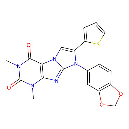 6-(1,3-benzodioxol-5-yl)-2,4-dimethyl-7-thiophen-2-ylpurino[7,8-a]imidazole-1,3-dione structure