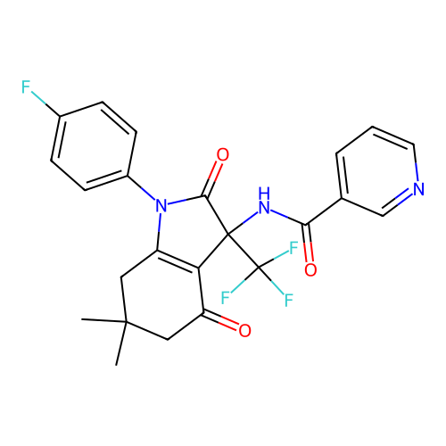 N-[1-(4-fluorophenyl)-6,6-dimethyl-2,4-dioxo-3-(trifluoromethyl)-2,3,4,5,6,7-hexahydro-1H-indol-3-yl]pyridine-3-carboxamide structure