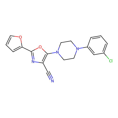 5-[4-(3-Chlorophenyl)piperazin-1-yl]-2-(furan-2-yl)-1,3-oxazole-4-carbonitrile structure