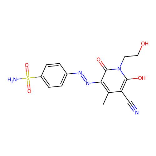 (E)-4-(2-(5-cyano-1-(2-hydroxyethyl)-4-methyl-2,6-dioxo-1,6-dihydropyridin-3(2H)-ylidene)hydrazinyl)benzenesulfonamide structure