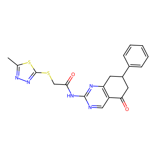 2-[(5-methyl-1,3,4-thiadiazol-2-yl)sulfanyl]-N-(5-oxo-7-phenyl-5,6,7,8-tetrahydroquinazolin-2-yl)acetamide structure