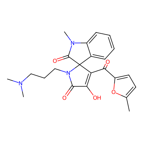 1'-[3-(dimethylamino)propyl]-3'-hydroxy-1-methyl-4'-(5-methylfuran-2-carbonyl)spiro[indole-3,5'-pyrrole]-2,2'-dione structure