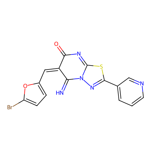(6E)-6-[(5-bromofuran-2-yl)methylidene]-5-imino-2-(pyridin-3-yl)-5,6-dihydro-7H-[1,3,4]thiadiazolo[3,2-a]pyrimidin-7-one structure