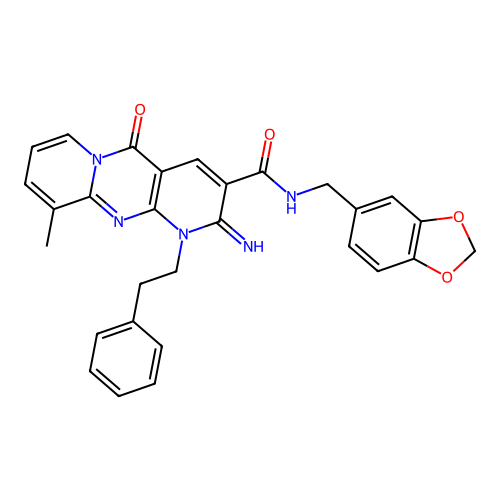 N-(1,3-benzodioxol-5-ylmethyl)-2-imino-10-methyl-5-oxo-1-(2-phenylethyl)-1,5-dihydro-2H-dipyrido[1,2-a:2',3'-d]pyrimidine-3-carboxamide structure