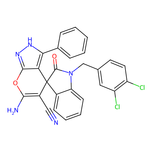 6'-amino-1-(3,4-dichlorobenzyl)-2-oxo-3'-phenyl-1'H-spiro[indoline-3,4'-pyrano[2,3-c]pyrazole]-5'-carbonitrile structure