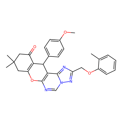 12-(4-methoxyphenyl)-9,9-dimethyl-2-[(2-methylphenoxy)methyl]-8,9,10,12-tetrahydro-11H-chromeno[3,2-e][1,2,4]triazolo[1,5-c]pyrimidin-11-one structure