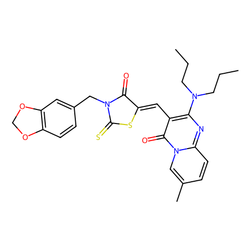 3-{(Z)-[3-(1,3-benzodioxol-5-ylmethyl)-4-oxo-2-thioxo-1,3-thiazolidin-5-ylidene]methyl}-2-(dipropylamino)-7-methyl-4H-pyrido[1,2-a]pyrimidin-4-one structure