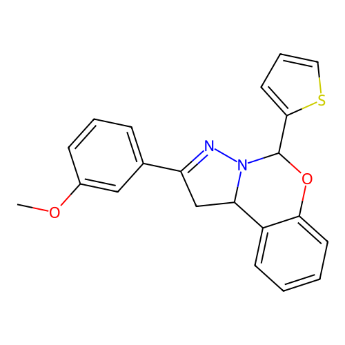 2-(3-methoxyphenyl)-5-(thiophen-2-yl)-1,10b-dihydropyrazolo[1,5-c][1,3]benzoxazine structure