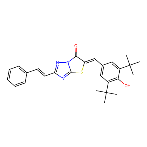 (5Z)-5-(3,5-di-tert-butyl-4-hydroxybenzylidene)-2-[(E)-2-phenylethenyl][1,3]thiazolo[3,2-b][1,2,4]triazol-6(5H)-one structure