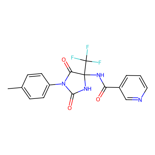 N-[1-(4-methylphenyl)-2,5-dioxo-4-(trifluoromethyl)imidazolidin-4-yl]pyridine-3-carboxamide structure