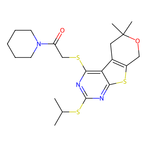 2-((2-(isopropylthio)-6,6-dimethyl-6,8-dihydro-5H-pyrano[4',3':4,5]thieno[2,3-d]pyrimidin-4-yl)thio)-1-(piperidin-1-yl)ethanone structure
