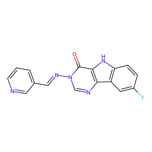 (E)-8-fluoro-3-((pyridin-3-ylmethylene)amino)-3H-pyrimido[5,4-b]indol-4(5H)-one structure