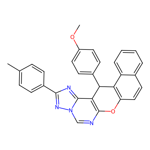14-(4-methoxyphenyl)-2-(4-methylphenyl)-14H-benzo[5,6]chromeno[3,2-e][1,2,4]triazolo[1,5-c]pyrimidine structure