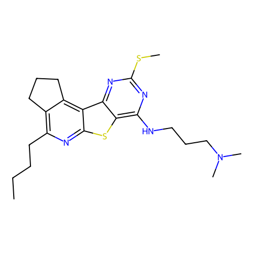 N'-[4-butyl-9-(methylsulfanyl)-2,3-dihydro-1H-cyclopenta[4',5']pyrido[3',2':4,5]thieno[3,2-d]pyrimidin-7-yl]-N,N-dimethylpropane-1,3-diamine structure