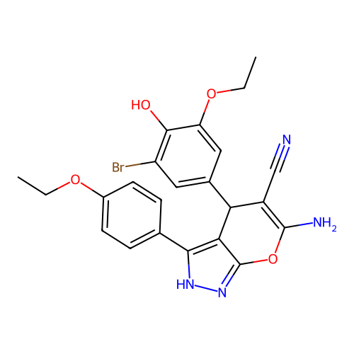 6-amino-4-(3-bromo-5-ethoxy-4-hydroxyphenyl)-3-(4-ethoxyphenyl)-1,4-dihydropyrano[2,3-c]pyrazole-5-carbonitrile structure