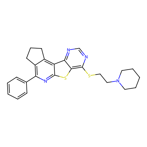 4-phenyl-7-((2-(piperidin-1-yl)ethyl)thio)-2,3-dihydro-1H-cyclopenta[4',5']pyrido[3',2':4,5]thieno[3,2-d]pyrimidine structure