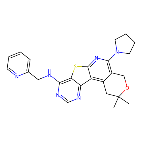 2,2-dimethyl-N-(pyridin-2-ylmethyl)-5-(pyrrolidin-1-yl)-1,4-dihydro-2H-pyrano[4'',3'':4',5']pyrido[3',2':4,5]thieno[3,2-d]pyrimidin-8-amine structure