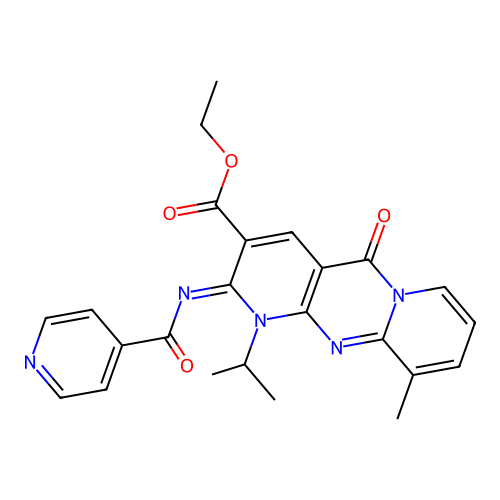 (Z)-ethyl 2-(isonicotinoylimino)-1-isopropyl-10-methyl-5-oxo-2,5-dihydro-1H-dipyrido[1,2-a:2',3'-d]pyrimidine-3-carboxylate structure