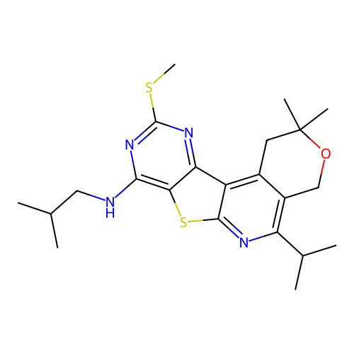 2,2-dimethyl-N-(2-methylpropyl)-10-(methylsulfanyl)-5-(propan-2-yl)-1,4-dihydro-2H-pyrano[4'',3'':4',5']pyrido[3',2':4,5]thieno[3,2-d]pyrimidin-8-amine structure