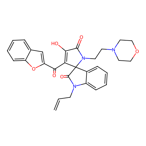 3'-(1-benzofuran-2-ylcarbonyl)-4'-hydroxy-1'-[2-(morpholin-4-yl)ethyl]-1-(prop-2-en-1-yl)spiro[indole-3,2'-pyrrole]-2,5'(1H,1'H)-dione structure