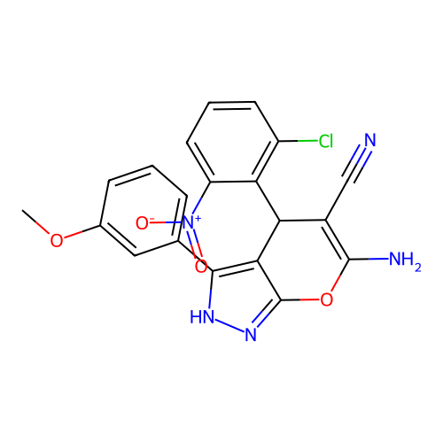 6-amino-4-(2-chloro-6-nitrophenyl)-3-(3-methoxyphenyl)-2,4-dihydropyrano[2,3-c]pyrazole-5-carbonitrile structure