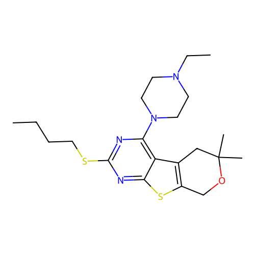 2-(butylsulfanyl)-4-(4-ethylpiperazin-1-yl)-6,6-dimethyl-5,8-dihydro-6H-pyrano[4',3':4,5]thieno[2,3-d]pyrimidine structure