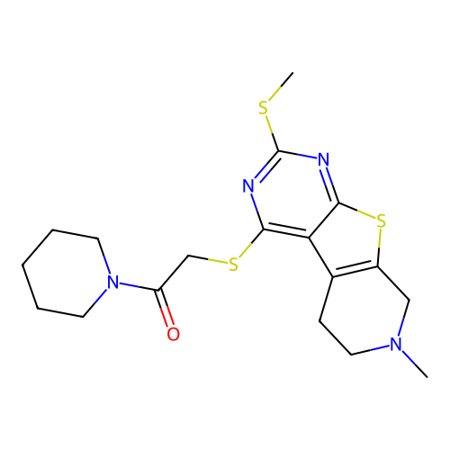 2-((7-methyl-2-(methylthio)-5,6,7,8-tetrahydropyrido[4',3':4,5]thieno[2,3-d]pyrimidin-4-yl)thio)-1-(piperidin-1-yl)ethanone structure