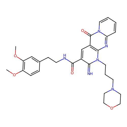 N-homoveratryl-2-imino-5-keto-1-(3-morpholinopropyl)dipyrido[1,2-d:3'',4''-f]pyrimidine-3-carboxamide structure