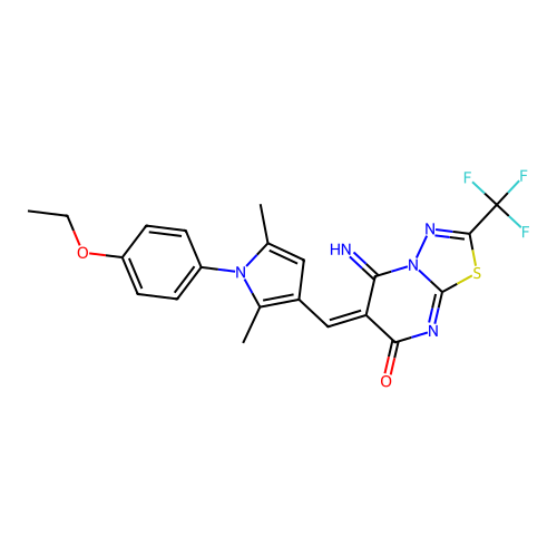 (E)-6-((1-(4-ethoxyphenyl)-2,5-dimethyl-1H-pyrrol-3-yl)methylene)-5-imino-2-(trifluoromethyl)-5H-[1,3,4]thiadiazolo[3,2-a]pyrimidin-7(6H)-one structure
