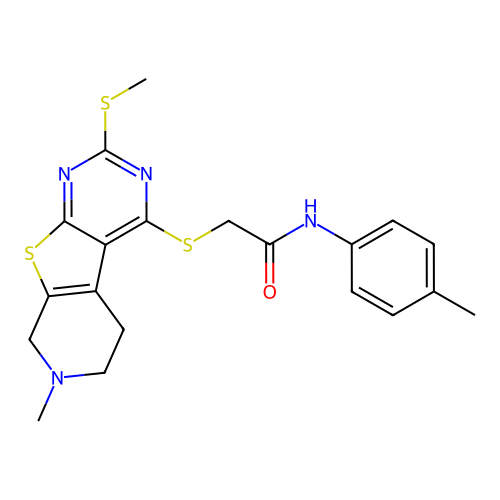 2-((7-methyl-2-(methylthio)-5,6,7,8-tetrahydropyrido[4',3':4,5]thieno[2,3-d]pyrimidin-4-yl)thio)-N-(p-tolyl)acetamide structure
