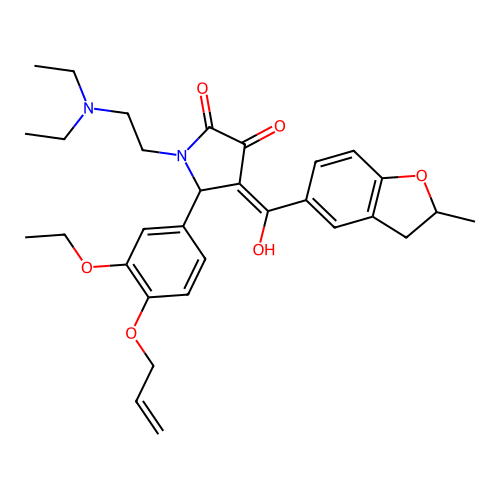 (4E)-1-(2-diethylaminoethyl)-5-(3-ethoxy-4-prop-2-enoxyphenyl)-4-[hydroxy-(2-methyl-2,3-dihydro-1-benzofuran-5-yl)methylidene]pyrrolidine-2,3-dione structure