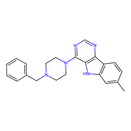 4-(4-benzylpiperazin-1-yl)-7-methyl-5H-pyrimido[5,4-b]indole structure