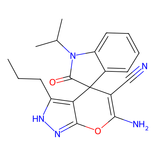 6'-amino-1-isopropyl-2-oxo-3'-propyl-1'H-spiro[indoline-3,4'-pyrano[2,3-c]pyrazole]-5'-carbonitrile structure