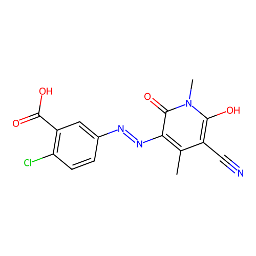 2-chloro-5-[2-(5-cyano-1,4-dimethyl-2,6-dioxo-pyridin-3-ylidene)hydrazinyl]benzoic Acid structure
