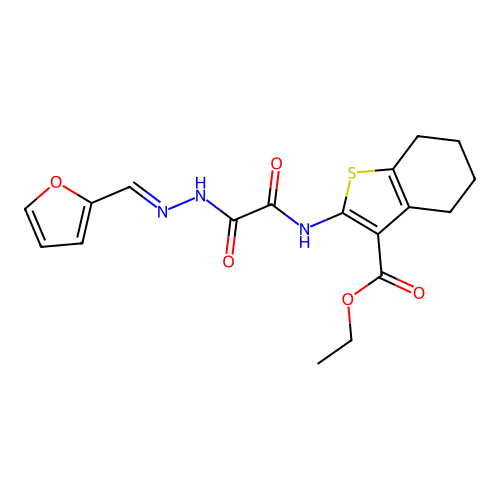 (E)-ethyl 2-(2-(2-(furan-2-ylmethylene)hydrazinyl)-2-oxoacetamido)-4,5,6,7-tetrahydrobenzo[b]thiophene-3-carboxylate structure