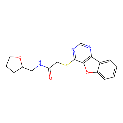 2-(benzofuro[3,2-d]pyrimidin-4-ylthio)-N-((tetrahydrofuran-2-yl)methyl)acetamide structure