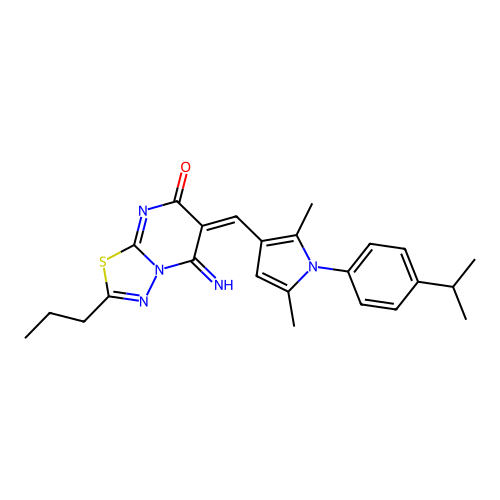 (6E)-6-({2,5-dimethyl-1-[4-(propan-2-yl)phenyl]-1H-pyrrol-3-yl}methylidene)-5-imino-2-propyl-5,6-dihydro-7H-[1,3,4]thiadiazolo[3,2-a]pyrimidin-7-one structure