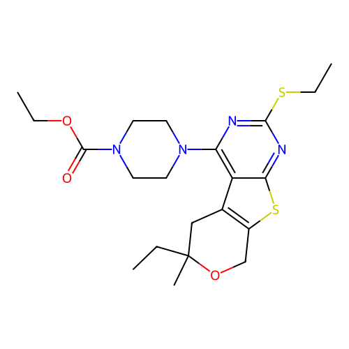 ethyl 4-(6-ethyl-2-(ethylthio)-6-methyl-6,8-dihydro-5H-pyrano[4',3':4,5]thieno[2,3-d]pyrimidin-4-yl)piperazine-1-carboxylate structure
