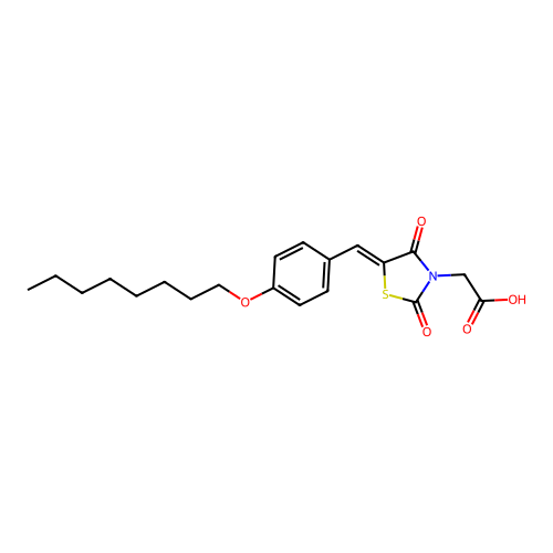 (Z)-2-(5-(4-(octyloxy)benzylidene)-2,4-dioxothiazolidin-3-yl)acetic acid structure
