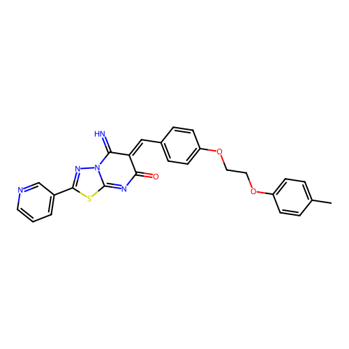 (6Z)-5-imino-6-[[4-[2-(4-methylphenoxy)ethoxy]phenyl]methylidene]-2-pyridin-3-yl-[1,3,4]thiadiazolo[3,2-a]pyrimidin-7-one structure