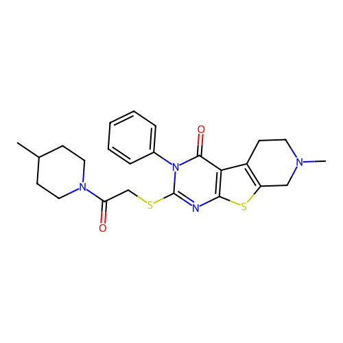 7-methyl-2-((2-(4-methylpiperidin-1-yl)-2-oxoethyl)thio)-3-phenyl-5,6,7,8-tetrahydropyrido[4',3':4,5]thieno[2,3-d]pyrimidin-4(3H)-one structure